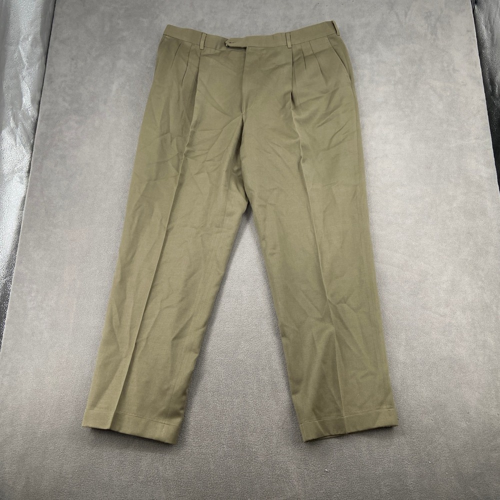 Berle‎ Tailored Mens Pleated Trousers Olive Green Khaki Cuffed Dress Pants 35x29